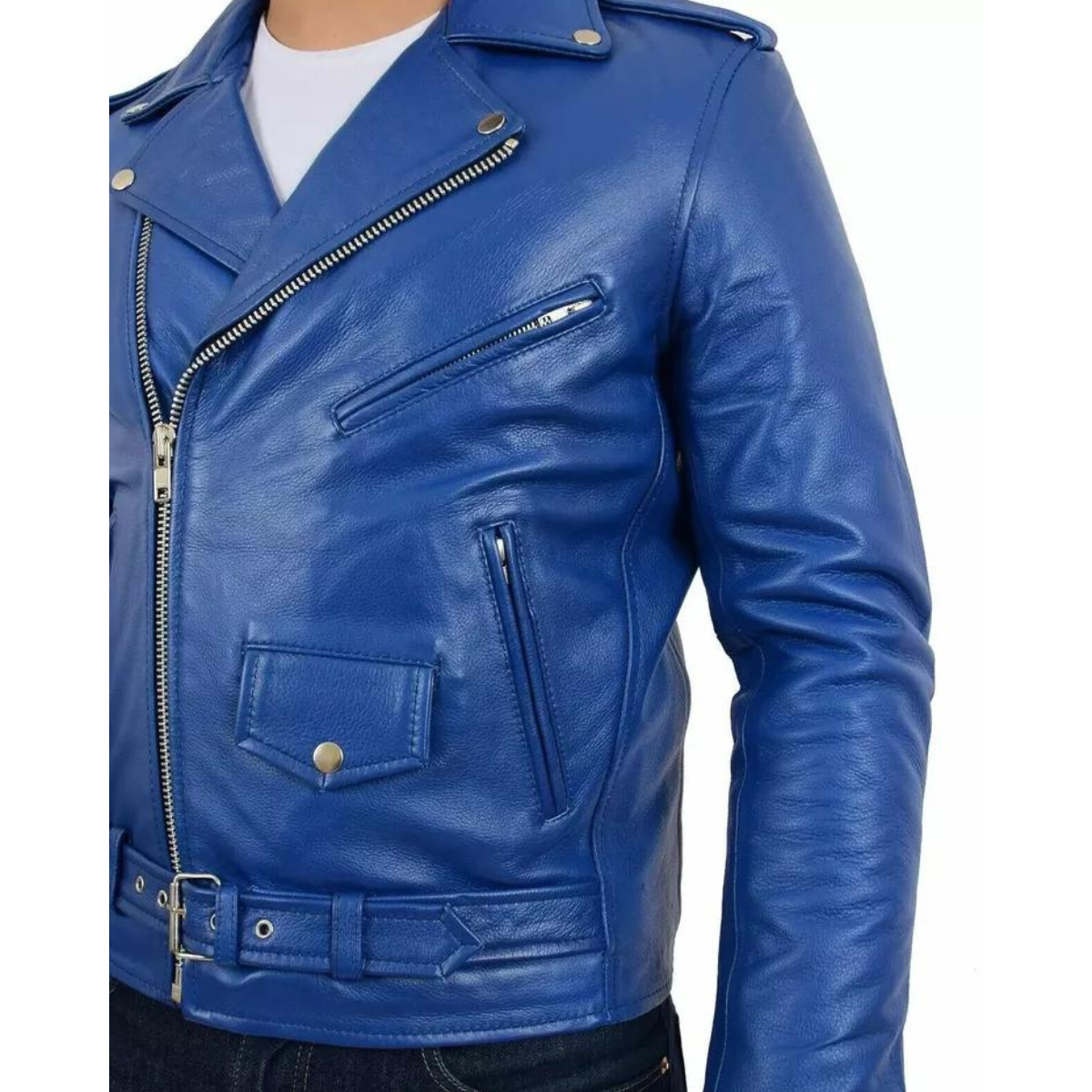 Men's Stylish real Leather Jacket Motorcycle Biker Slim Fit Blue Belted Coat - Image 3