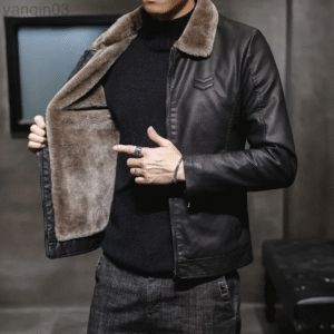 Men's Thickened Leather Jacket, Warm Windproof Faux Fur Collar Coat
