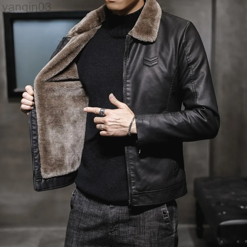 Men's Thickened Leather Jacket, Warm Windproof Faux Fur Collar Coat - Image 2