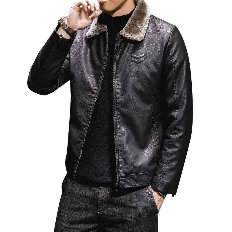 Men's Thickened Leather Jacket, Warm Windproof Faux Fur Collar Coat