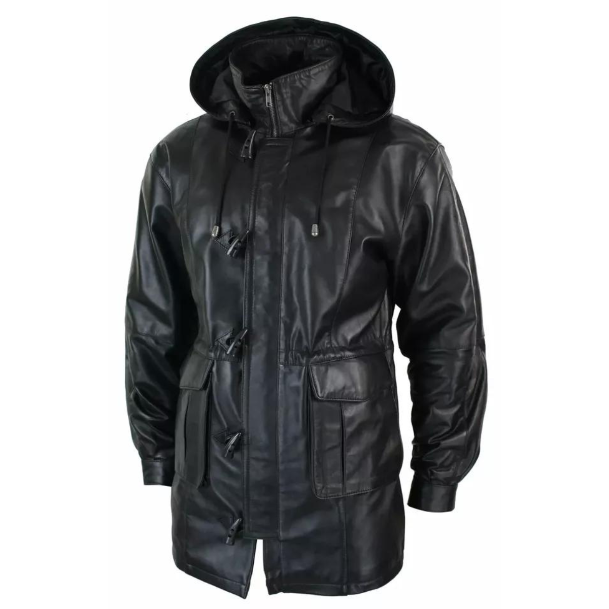 Mens 3/4 Long Real Leather Duffle Jacket Coat Safari Detachable Hood Classic - Image 6