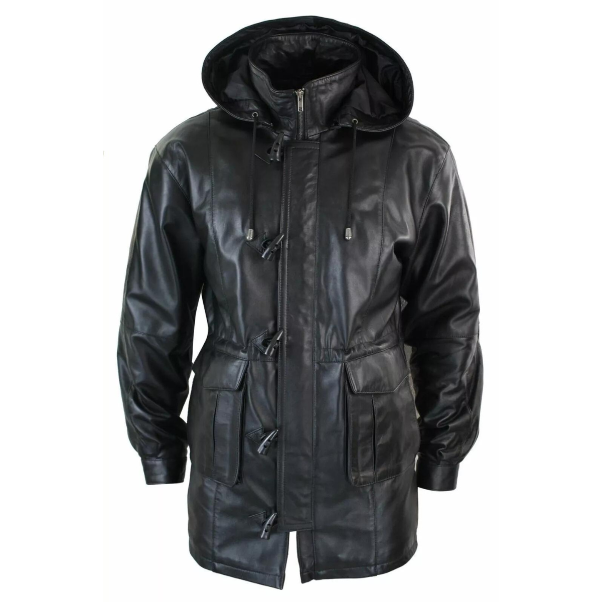 Mens 3/4 Long Real Leather Duffle Jacket Coat Safari Detachable Hood Classic - Image 2