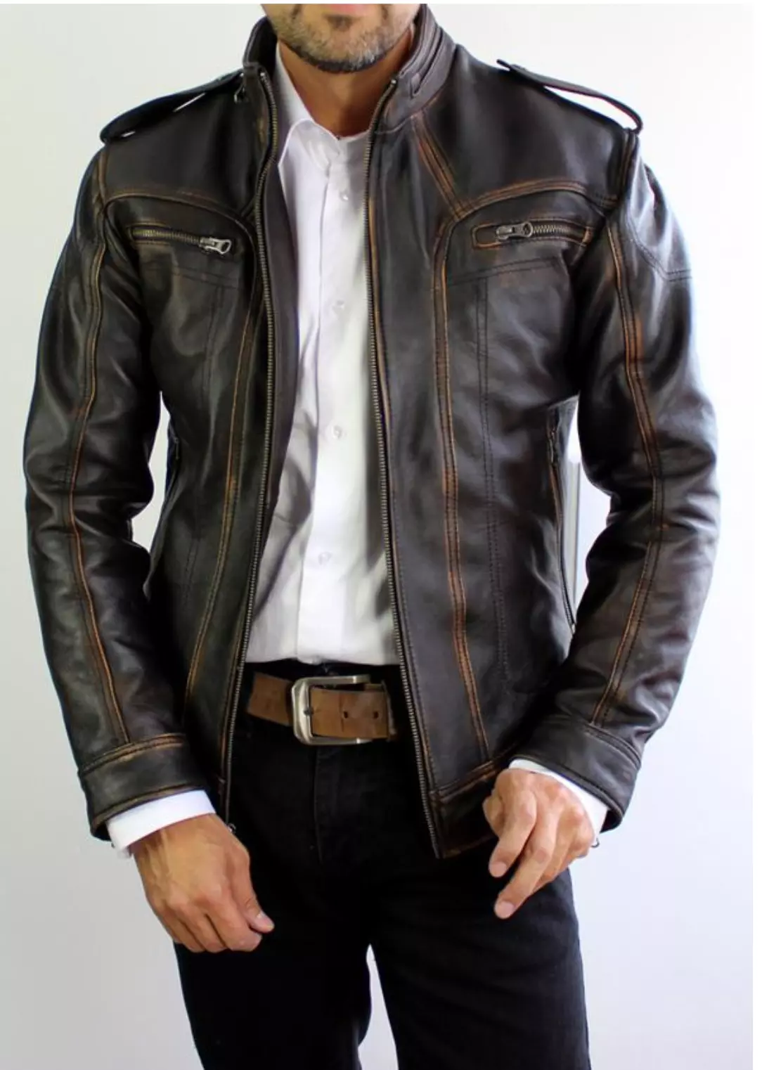 Mens Biker Motorcycle Slim Fit Vintage Distressed Cowhide Winter Leather Jacket