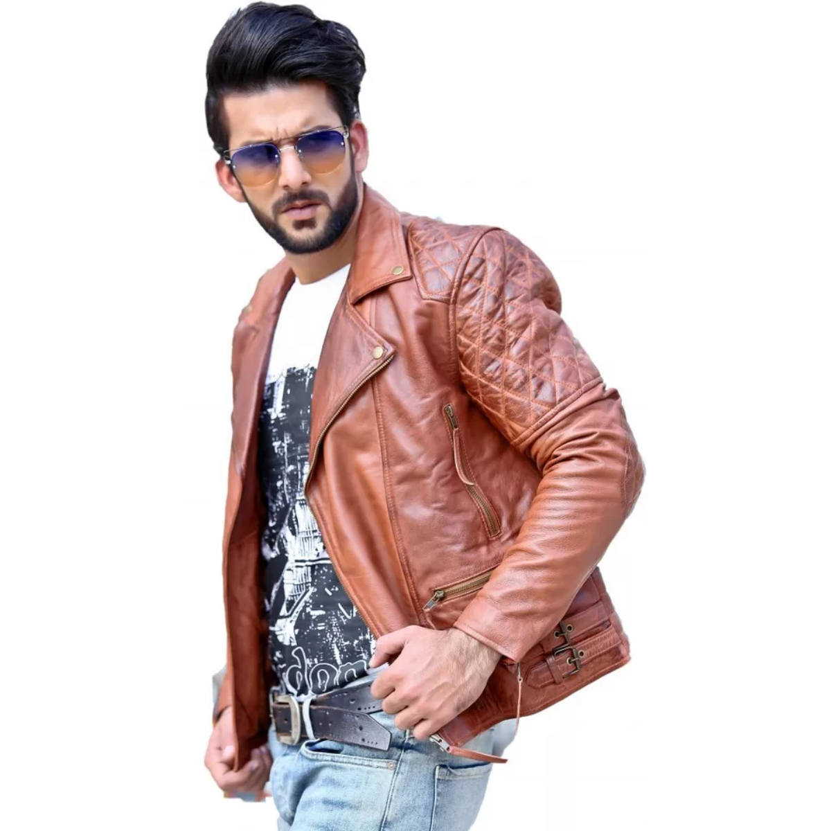 Men’s Biker Motorcycle Vintage Distressed Brown Winter Leather Jacket - Image 2