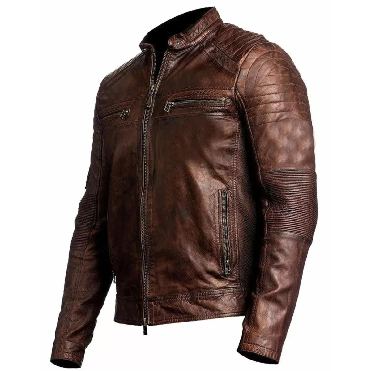 Men's Biker Vintage Antique Brown Cafe Racer Real Cowhide Jacket