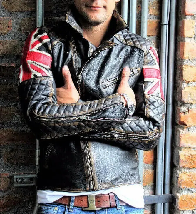 Mens Biker Vintage Motorcycle British Flag Cafe Racer Union UK Leather Jacket - Image 2