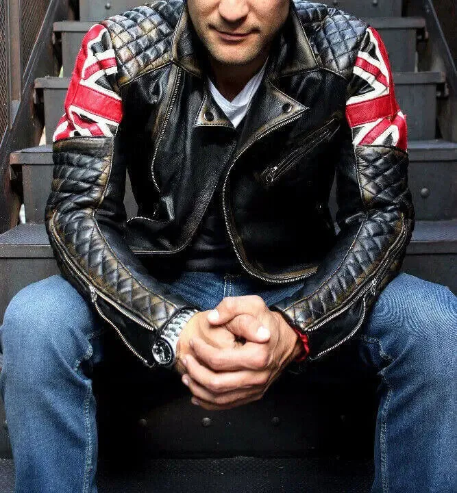 Mens Biker Vintage Motorcycle British Flag Cafe Racer Union UK Leather Jacket