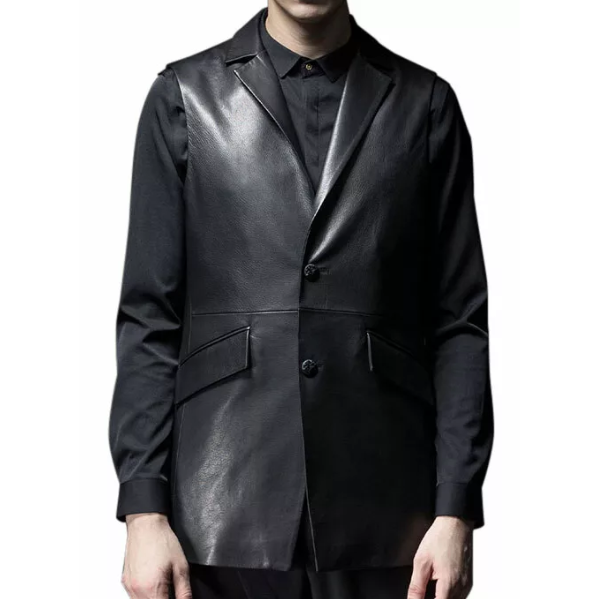 Men's Black Delegant Vest Real Leather Coat Black and Tan - Image 3