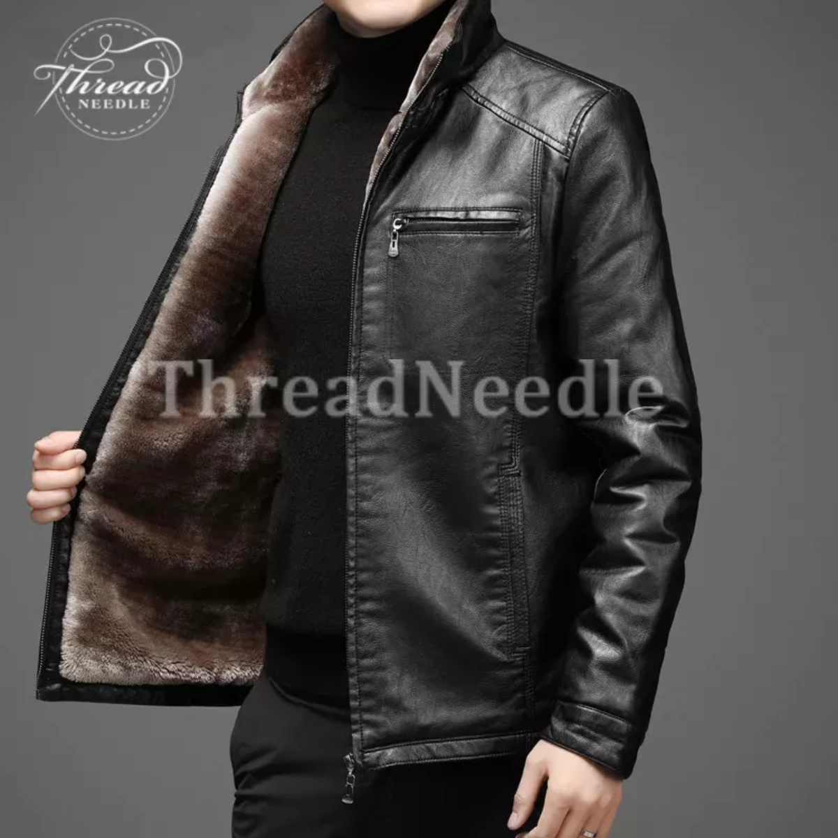 Men's Black Shearling Style Slim Fit Motorcycle Leather Jacket - Image 2