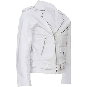 Men's Brando White Leather Jacket - Biker Motorcycle Brando Style Leather Jacket for Men