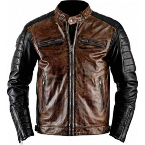 Mens Cafe Racer Biker Distressed Brown & Black Leather Jacket