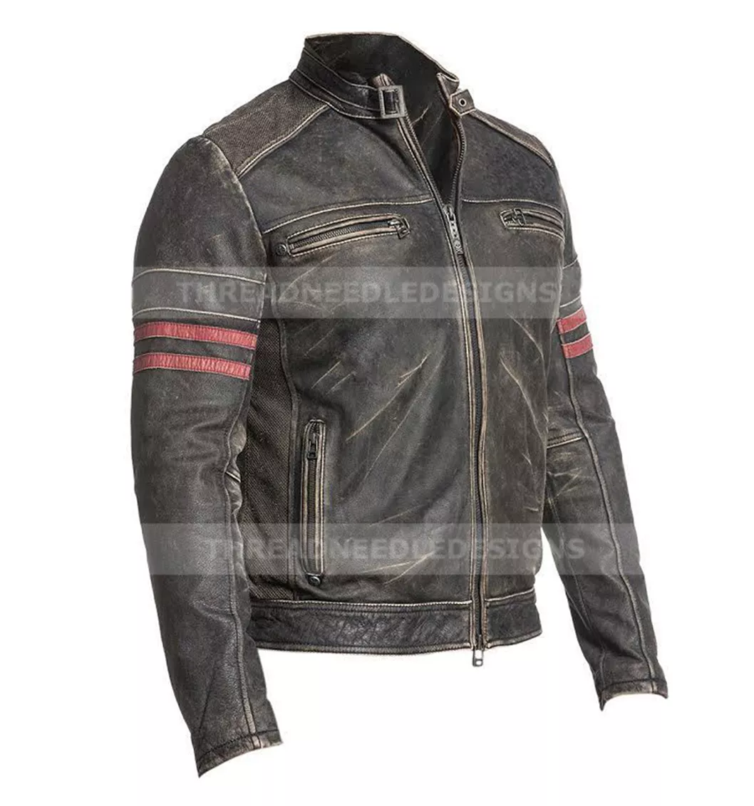 Mens Cafe Racer Distressed Black Vintage Motorcycle Biker Leather Jacket - Image 2