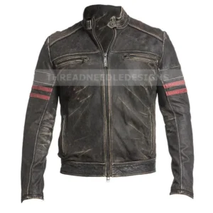 Mens Cafe Racer Distressed Black Vintage Motorcycle Biker Leather Jacket