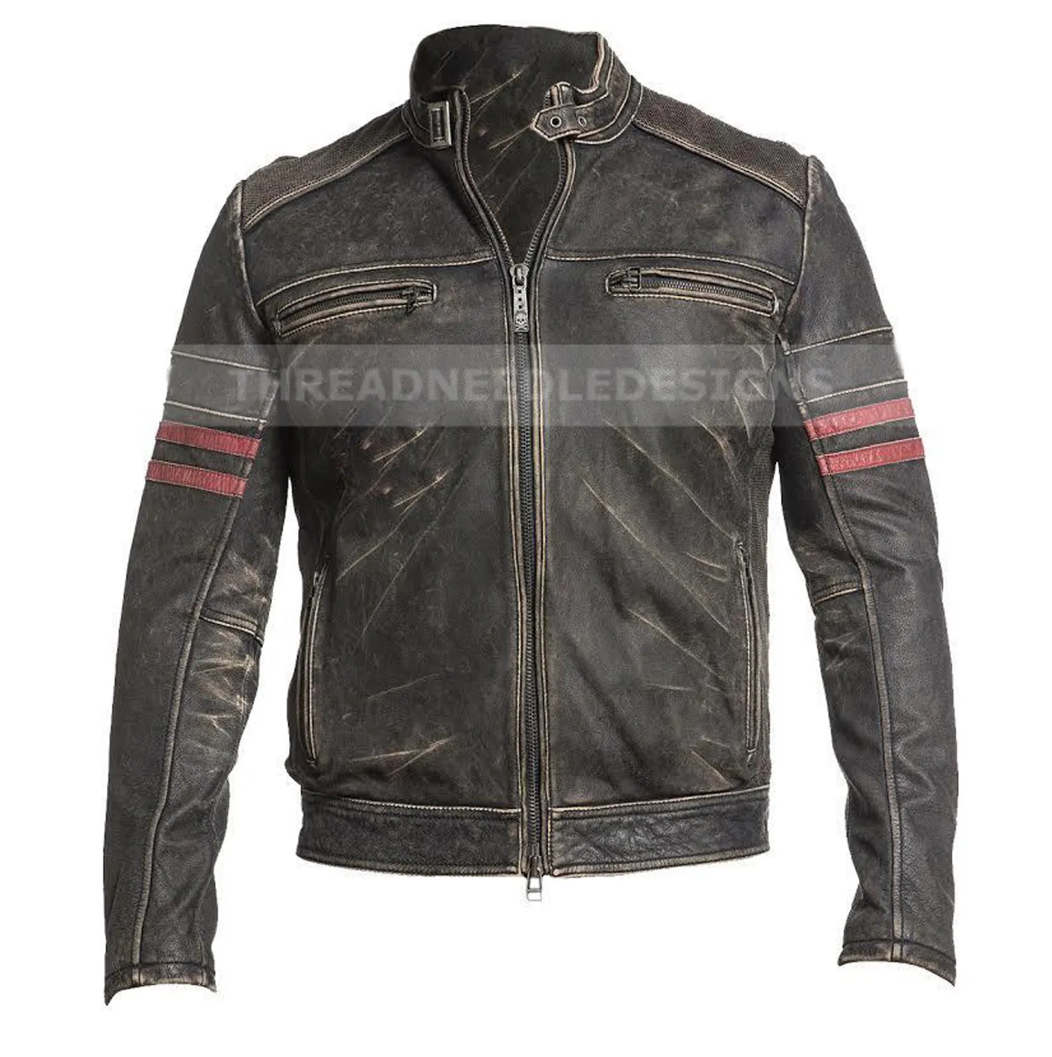 Mens Cafe Racer Distressed Black Vintage Motorcycle Biker Leather Jacket