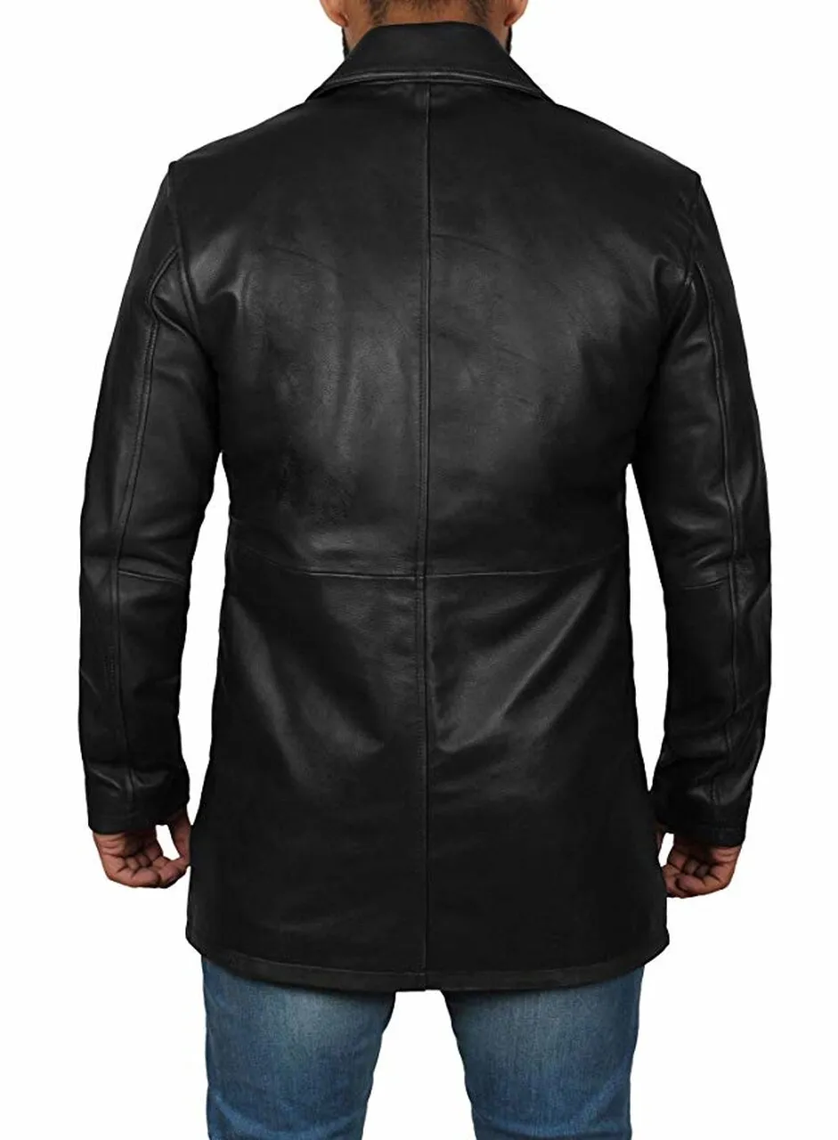 Mens Classic Black Genuine Sheepskin Leather Trench Coat - Image 2