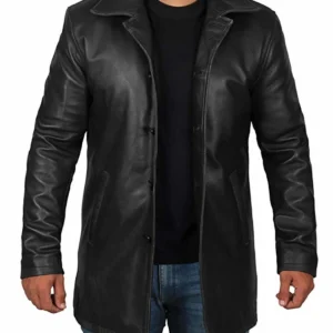 Mens Classic Black Genuine Sheepskin Leather Trench Coat