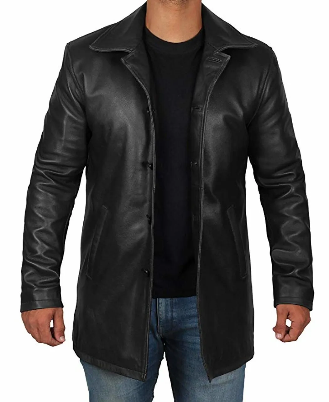 Mens Classic Black Genuine Sheepskin Leather Trench Coat