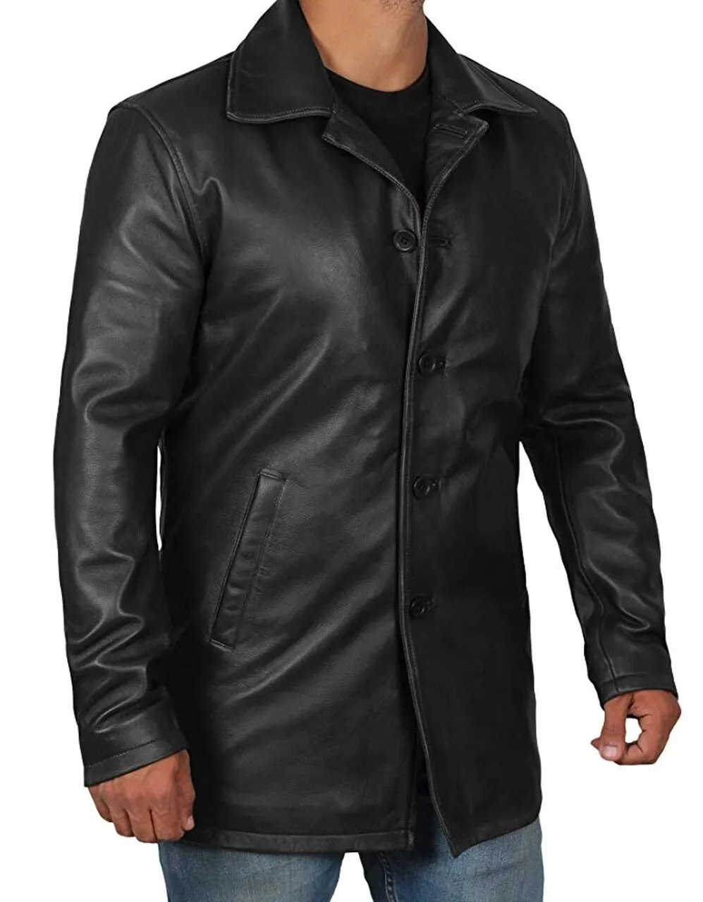 Mens Classic Black Genuine Sheepskin Leather Trench Coat - Image 3