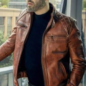Men’s Diamond Quilted Brown Motorcycle Slim Fit Biker Leather Jacket