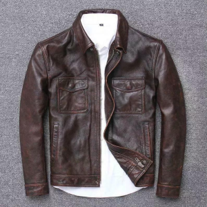 Men’s Distressed Brown/Black Real Cowhide Shirt Collar Moto Rider Slim Fit Lightweight Casual Biker Leather Jacket