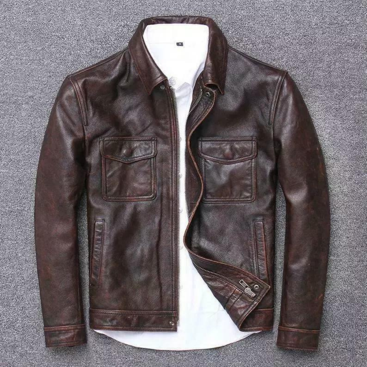 Men’s Distressed Brown/Black Real Cowhide Shirt Collar Moto Rider Slim Fit Lightweight Casual Biker Leather Jacket