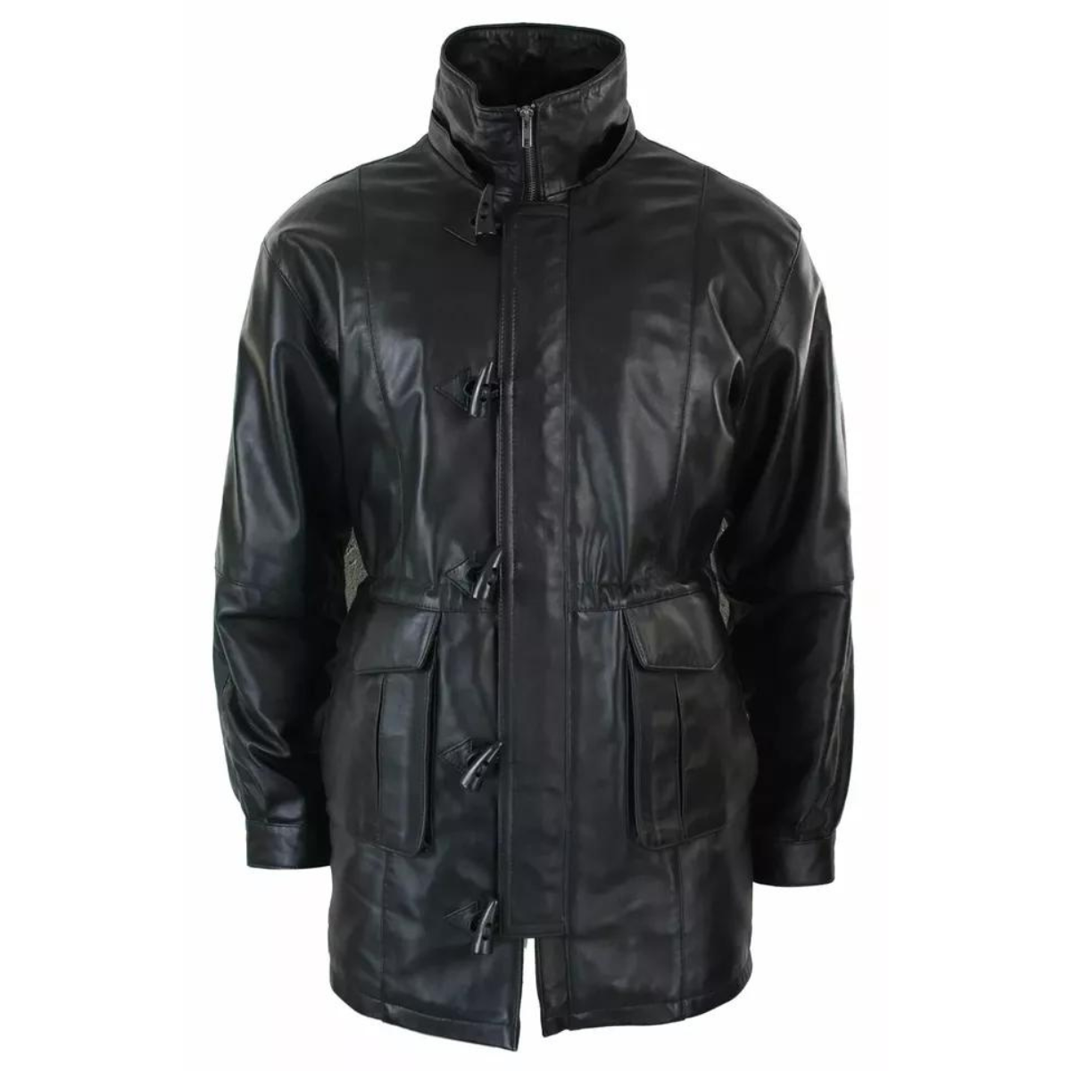 Mens 3/4 Long Real Leather Duffle Jacket Coat Safari Detachable Hood Classic - Image 3