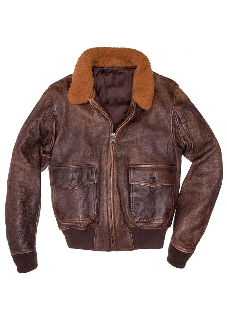 Mens G-1 Navy Leather Bomber Fur Collar Distress Brown Real Leather Jacket