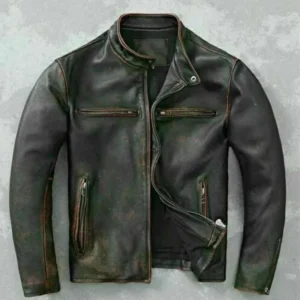 Climax Leather Men's Vintage Retro Biker Quilted Style Zip Up Motorcycle Distressed Cafe Racer Leather Jacket For Men