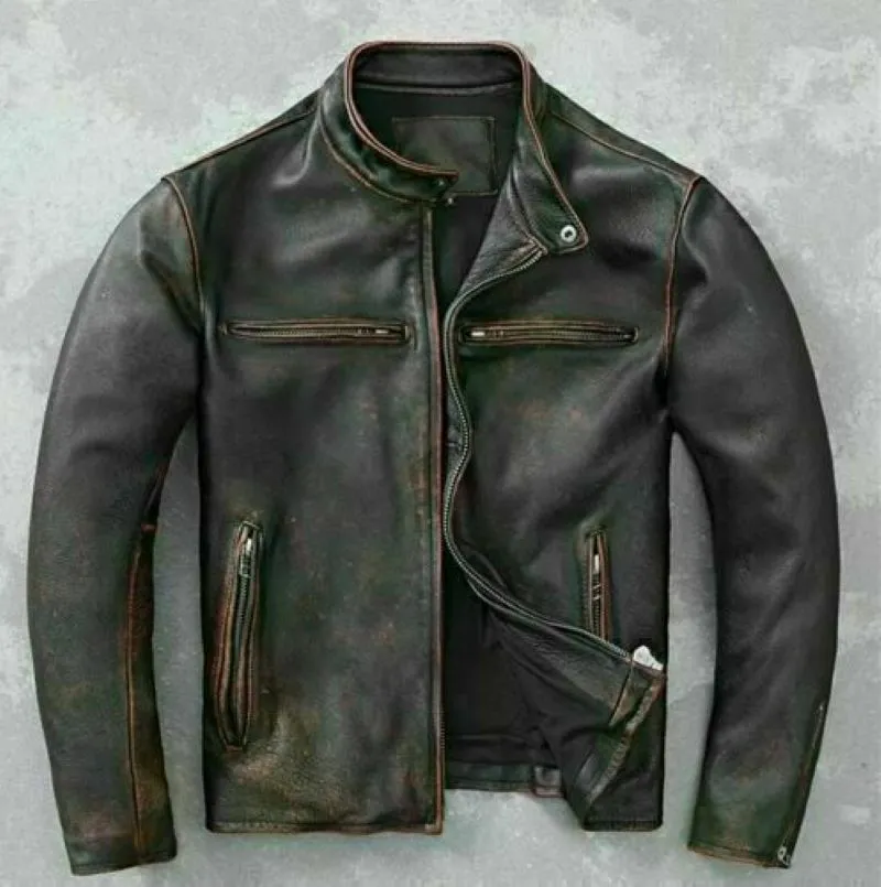 Climax Leather Men's Vintage Retro Biker Quilted Style Zip Up Motorcycle Distressed Cafe Racer Leather Jacket For Men