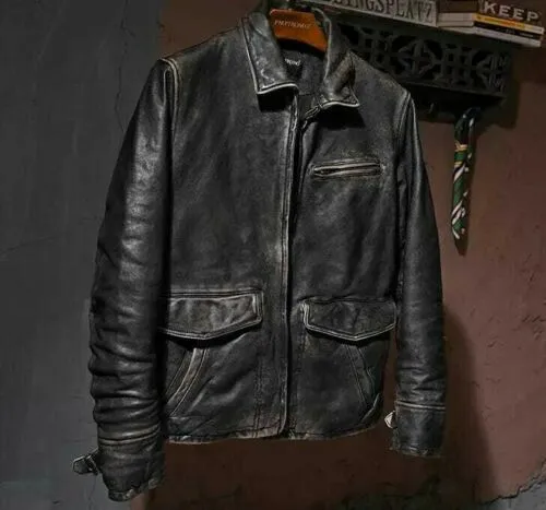 Men’s Motorcycle Biker Vintage Cafe Racer Distressed Black Real Leather Jacket - Image 2