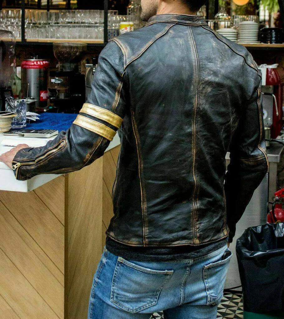 Men’s Motorcycle Biker Vintage Cafe Racer Distressed Black Real Leather Jacket - Image 2