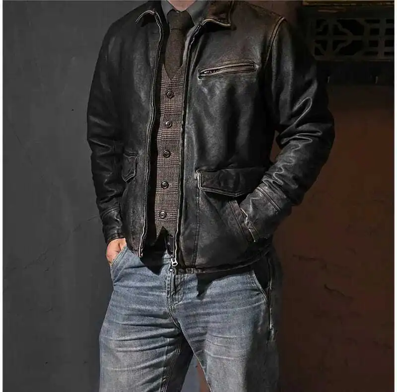 Men’s Motorcycle Biker Vintage Cafe Racer Distressed Black Real Leather Jacket