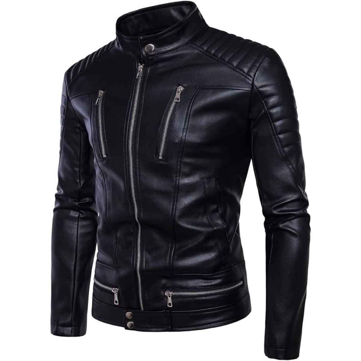 Men’s Punk Leather Jacket Biker Coat Multi-Pocket Soft Pu Leather Outwear Classic