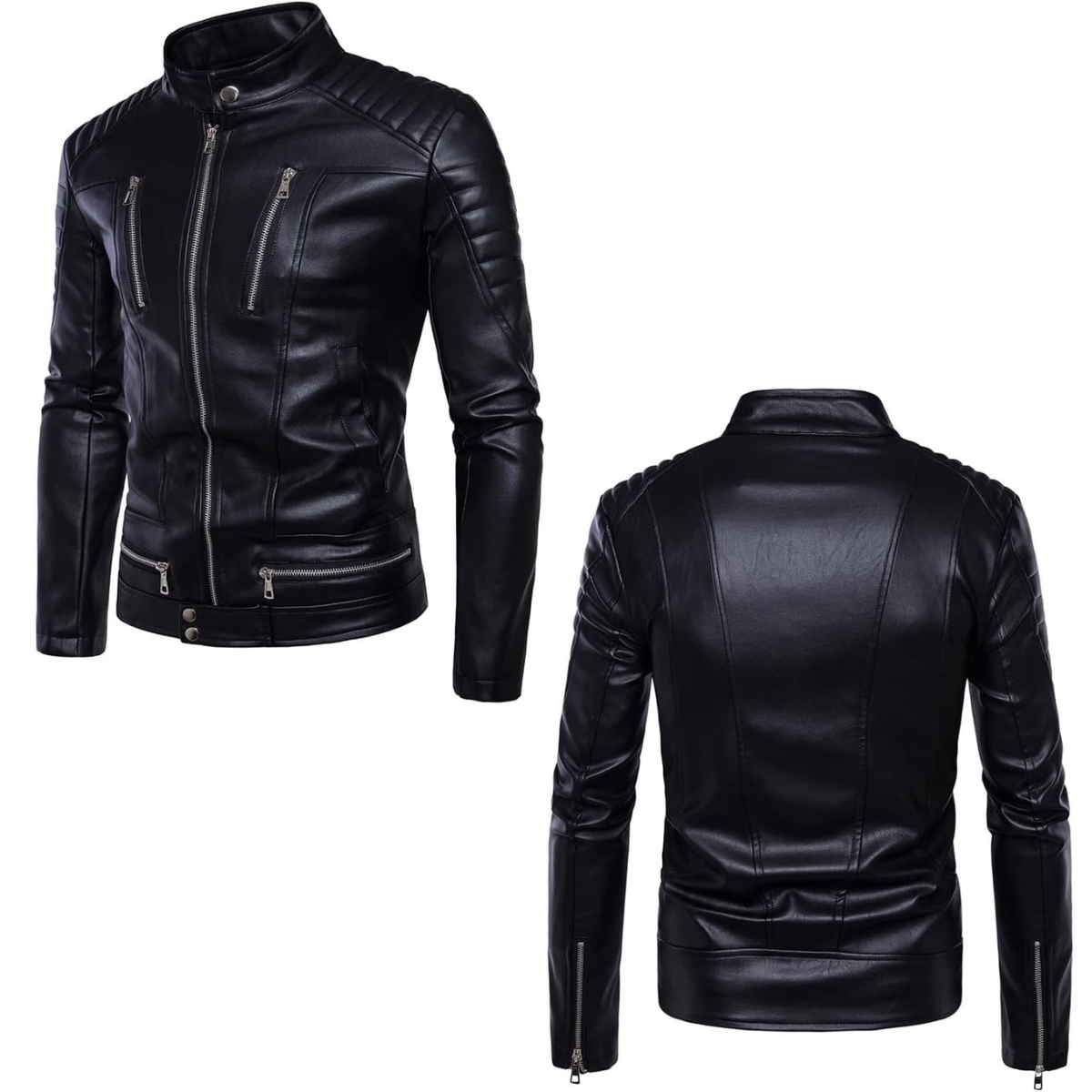 Men’s Punk Leather Jacket Biker Coat Multi-Pocket Soft Pu Leather Outwear Classic - Image 2