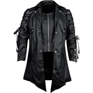 Men’s Real Black Leather Coat Goth Matrix Trench Coat Gothic Steampunk Coats