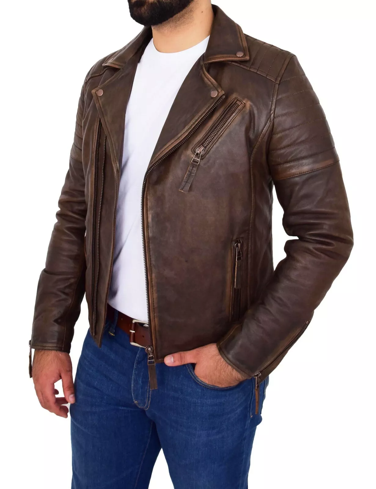 Mens Real Leather Biker Jacket Vintage Copper Rust Rub Off Slim Fit Style Max - Image 2
