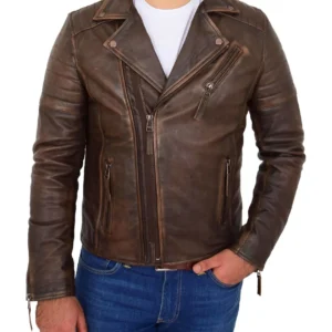 Mens Real Leather Biker Jacket Vintage Copper Rust Rub Off Slim Fit Style Max