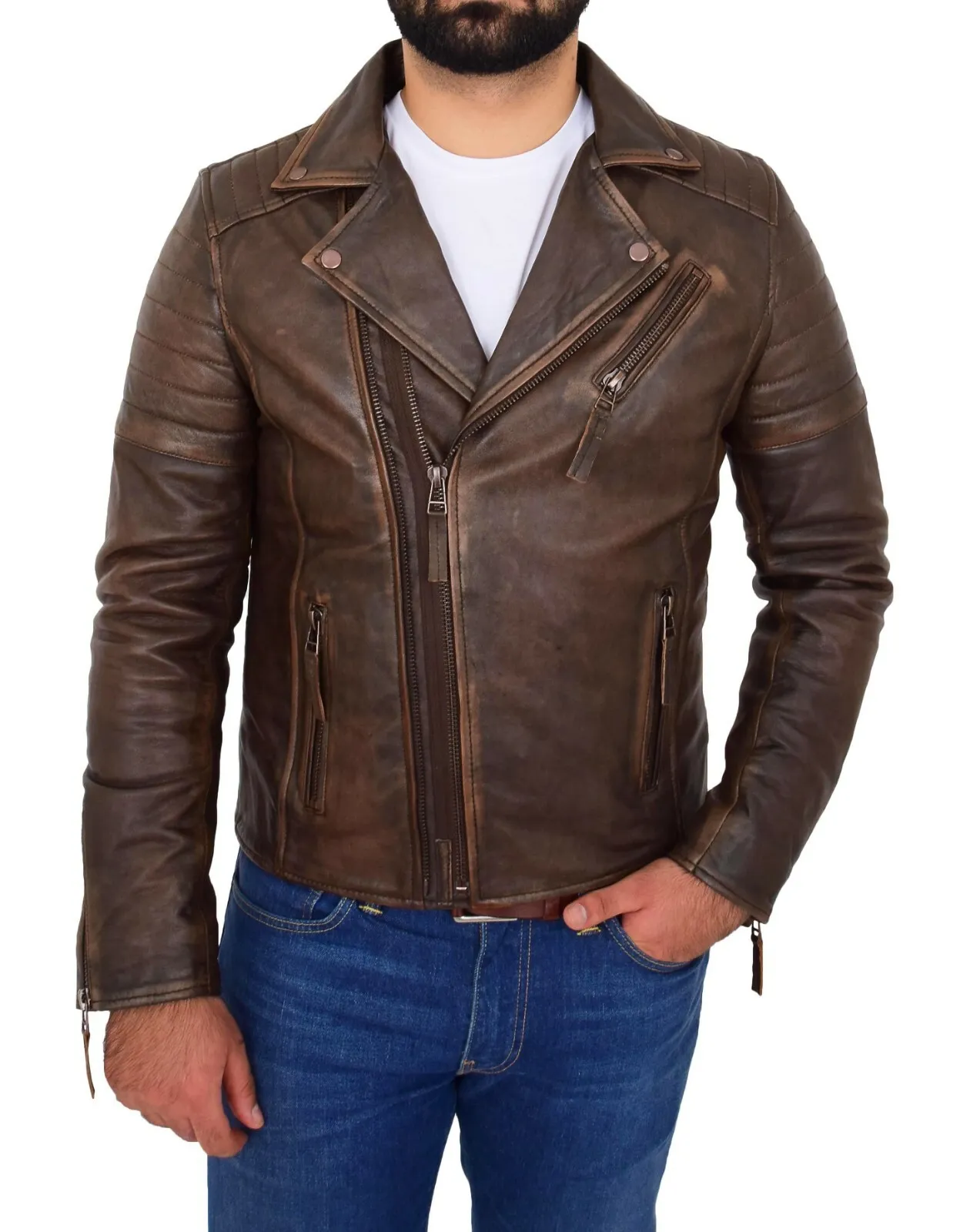 Mens Real Leather Biker Jacket Vintage Copper Rust Rub Off Slim Fit Style Max