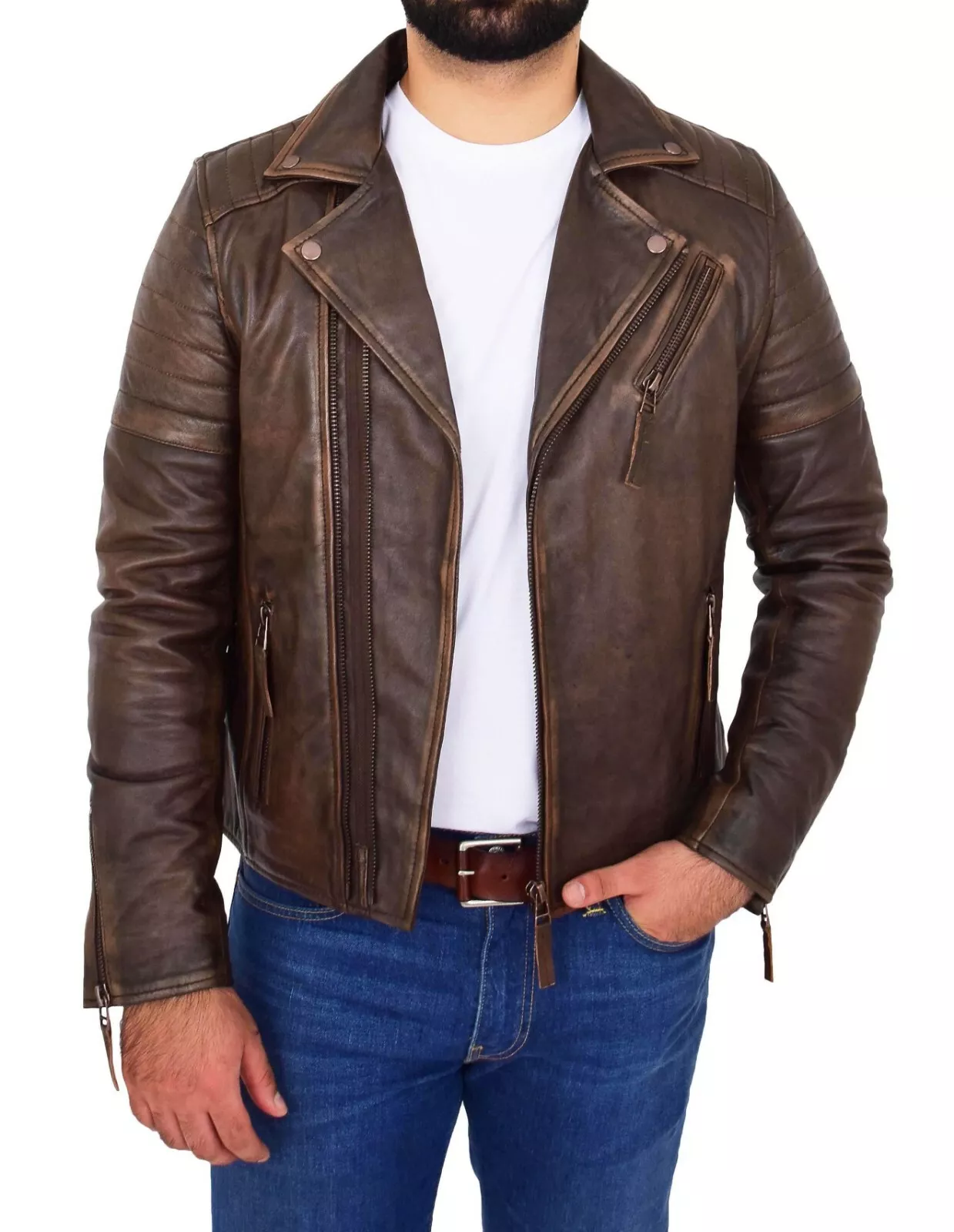 Mens Real Leather Biker Jacket Vintage Copper Rust Rub Off Slim Fit Style Max - Image 4