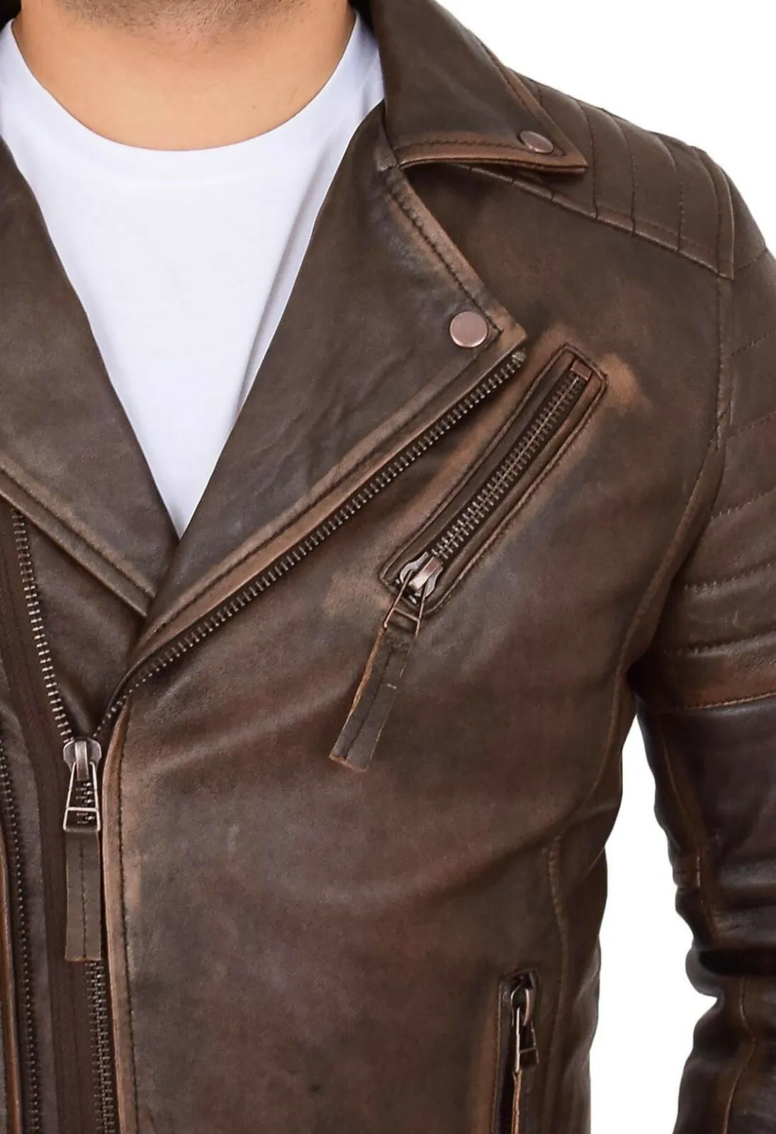 Mens Real Leather Biker Jacket Vintage Copper Rust Rub Off Slim Fit Style Max - Image 5