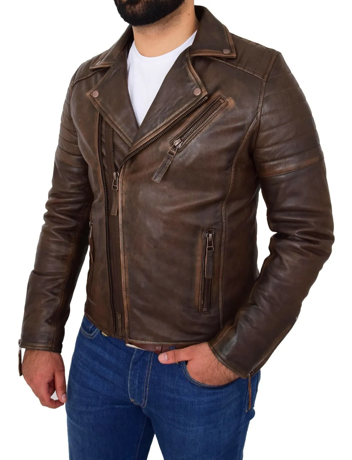 Mens Real Leather Biker Jacket Vintage Copper Rust Rub Off Slim Fit Style Max - Image 3