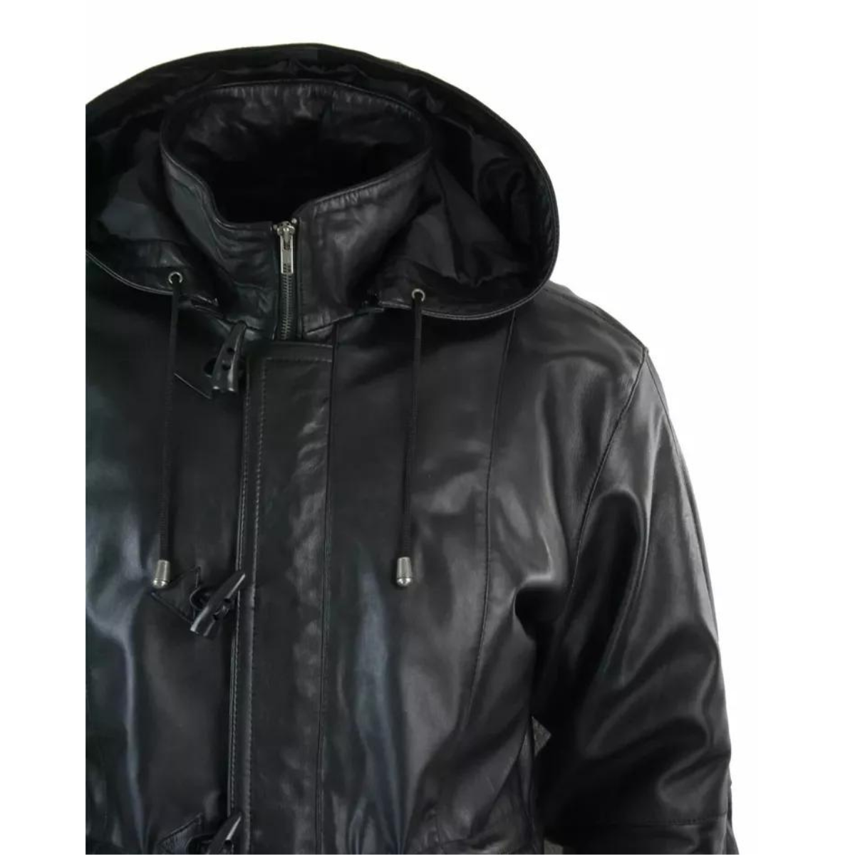 Mens 3/4 Long Real Leather Duffle Jacket Coat Safari Detachable Hood Classic - Image 4