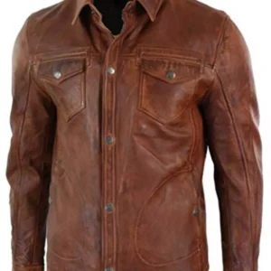 Mens Real Leather real Shirt Cuir Gay Lederhemd Leder Brown vintage Shirt Botton up Trucker Jacket