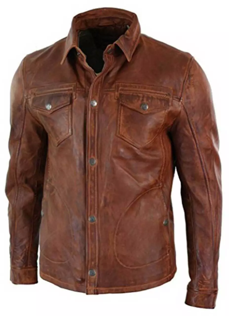Mens Real Leather real Shirt Cuir Gay Lederhemd Leder Brown vintage Shirt Botton up Trucker Jacket