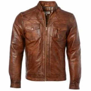 Mens Retro Style Biker Jacket Real real Leather Washed Soft Tan Brown Casual