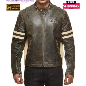 Men’s Royal Enfield Striped Motorcycle Cafe Racer Genuine Leather Biker Jacket