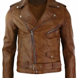 Mens Slim Fit Cross Zip Tan Brown Brando Casual Soft Real Leather Jacket
