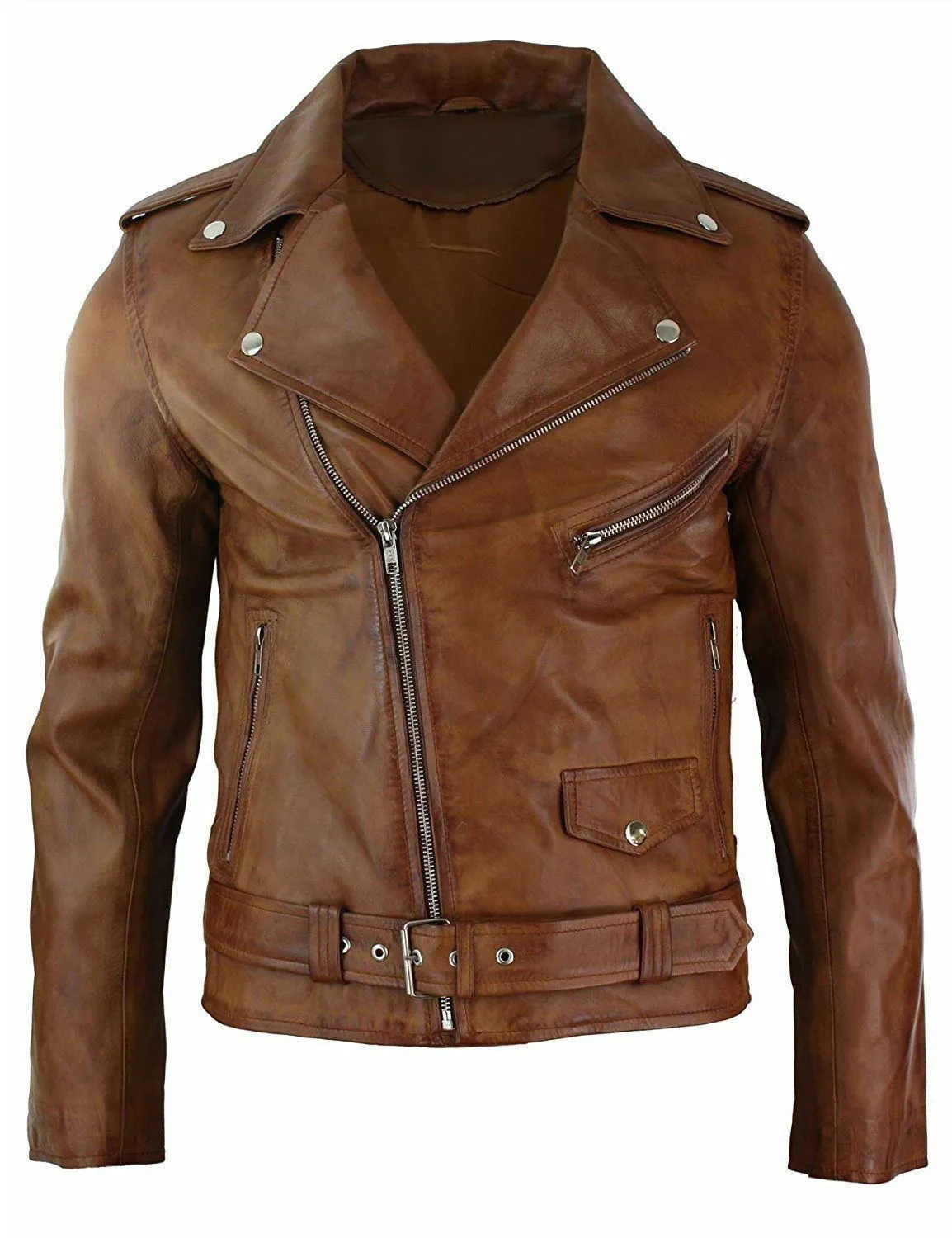 Mens Slim Fit Cross Zip Tan Brown Brando Casual Soft Real Leather Jacket