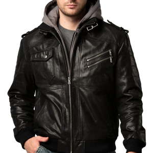 Mens Slim Fit Hooded Biker Leather Jacket