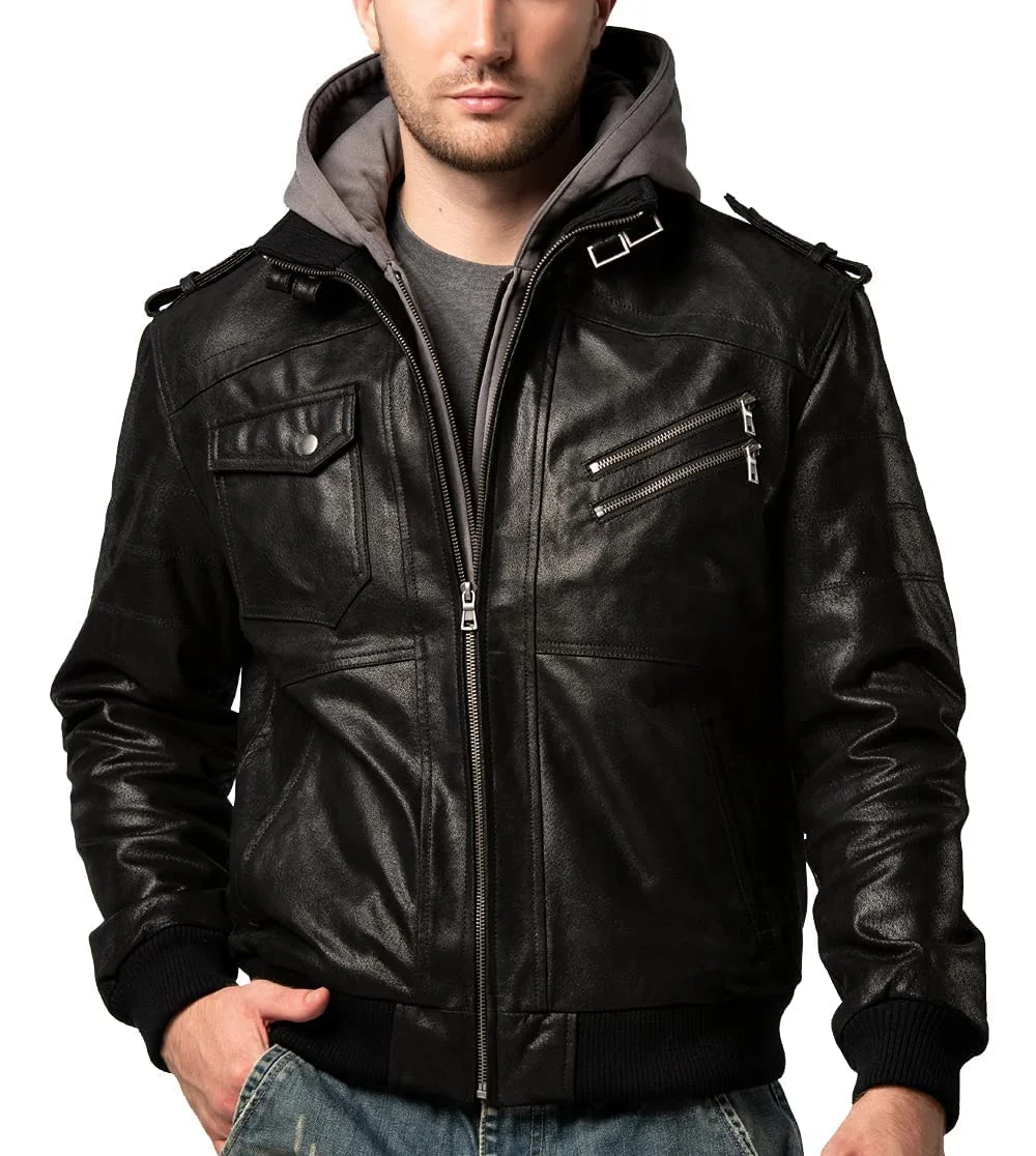 Mens Slim Fit Hooded Biker Leather Jacket